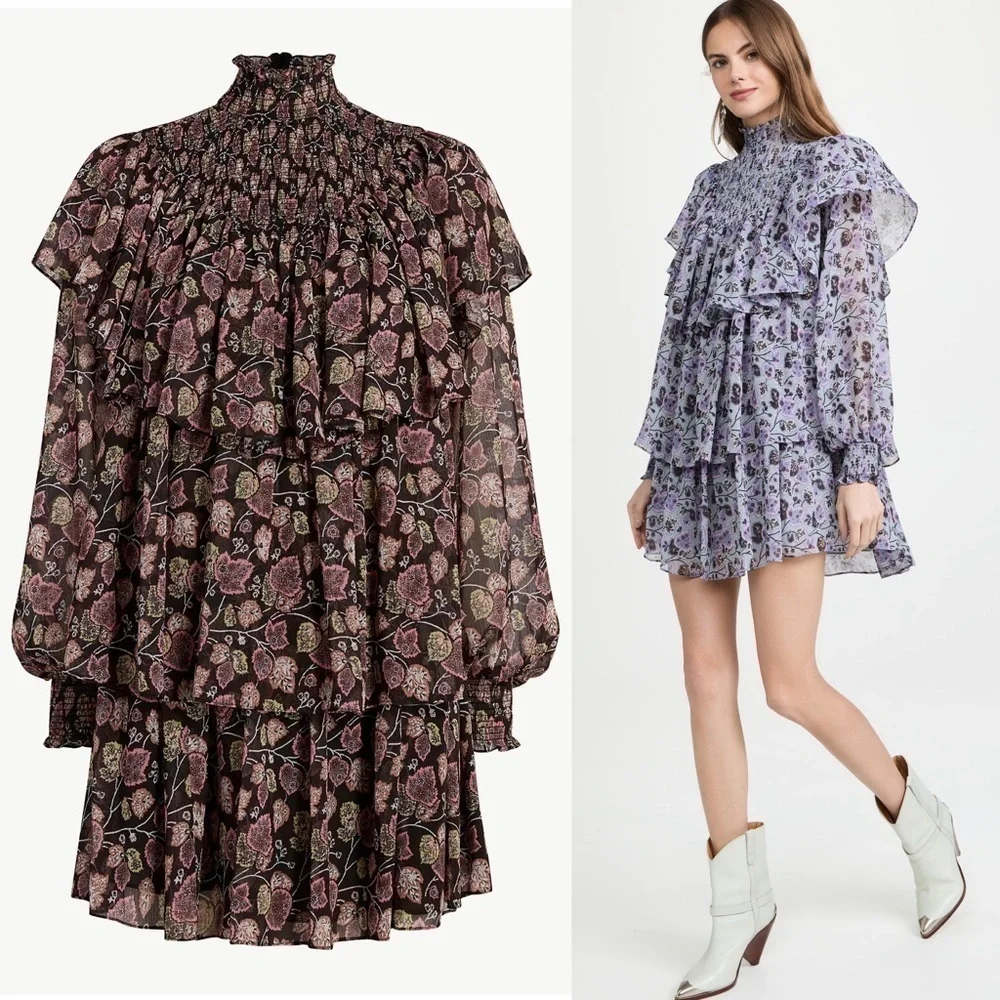 NWT CINQ A SEPT Boho Floral Ruffle Puffed Long Sleeve Smocked High‎ Neck Dress 8